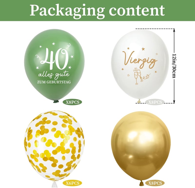 40. Geburtstag Luftballons Set (30 Stück) in Salbeigrün und Gold