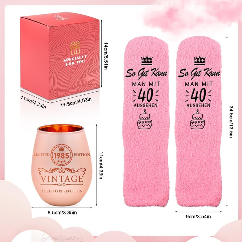 Geschenkset zum 40. Geburtstag für Frauen – Weinglas mit Gravur & Socken