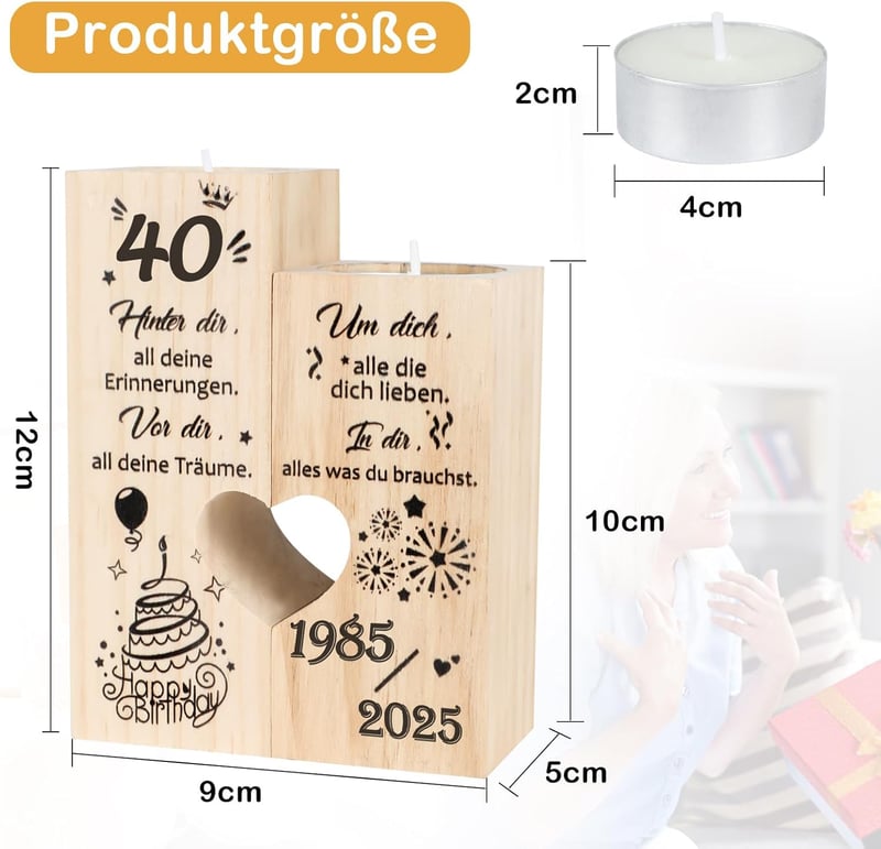 Kerzenständer 40. Geburtstag für Frauen – Geschenkidee 1985 bis 2025