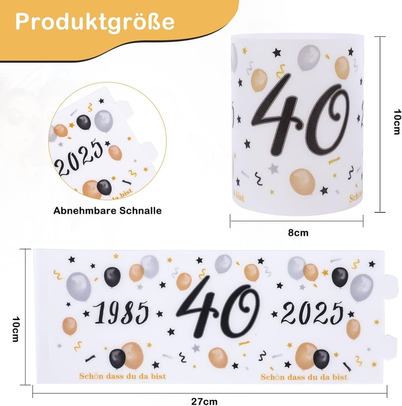 Windlicht Tischdeko für den 40. Geburtstag in Schwarz Gold, 12 Stück