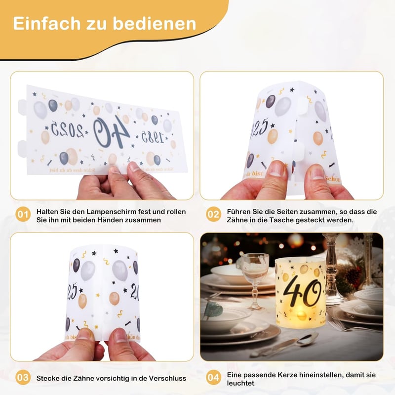 Windlicht Tischdeko für den 40. Geburtstag in Schwarz Gold, 12 Stück
