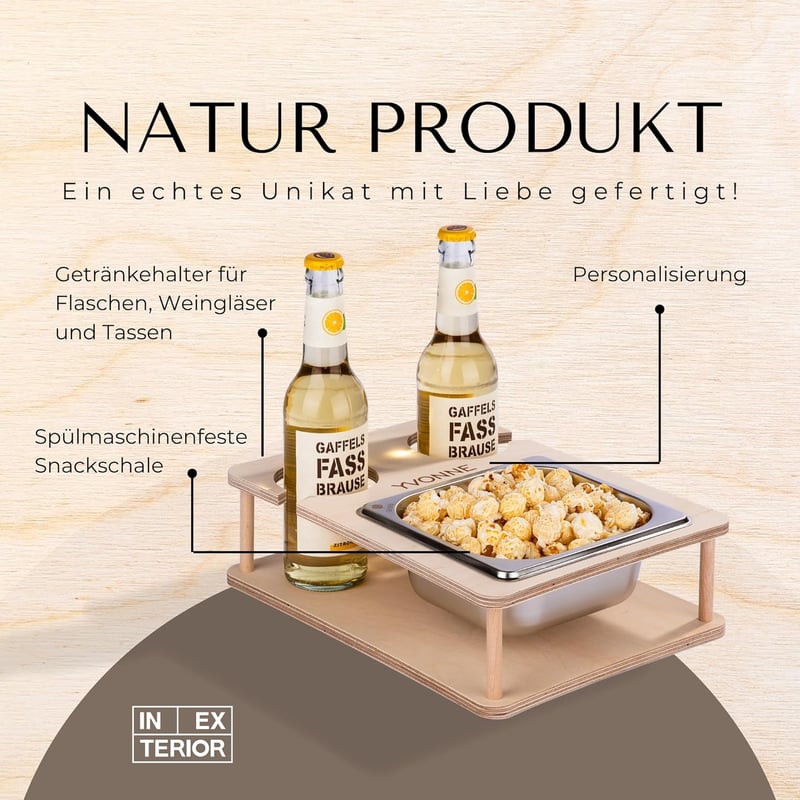 Personalisierbarer Couchbutler mit Snackschalen und Flaschenhalter