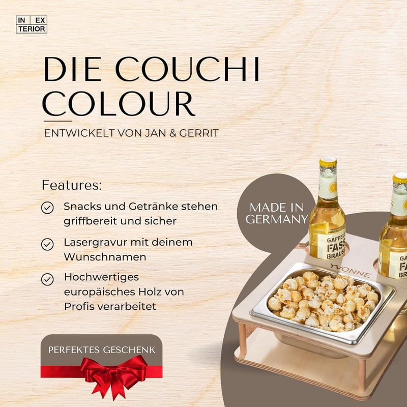 Personalisierbarer Couchbutler mit Snackschalen und Flaschenhalter