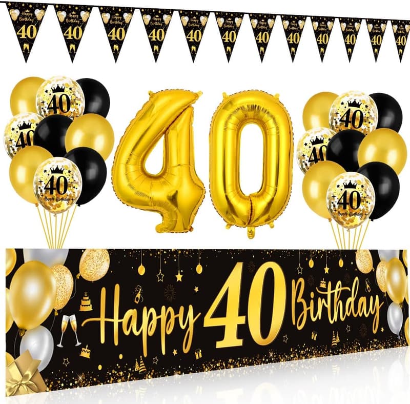40. Geburtstag Deko - Happy Birthday Banner mit Luftballons in Schwarz Gold