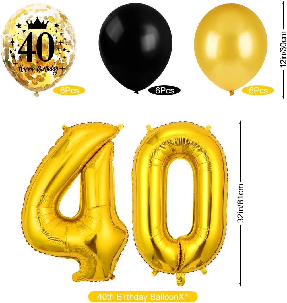 40. Geburtstag Deko - Happy Birthday Banner mit Luftballons in Schwarz Gold