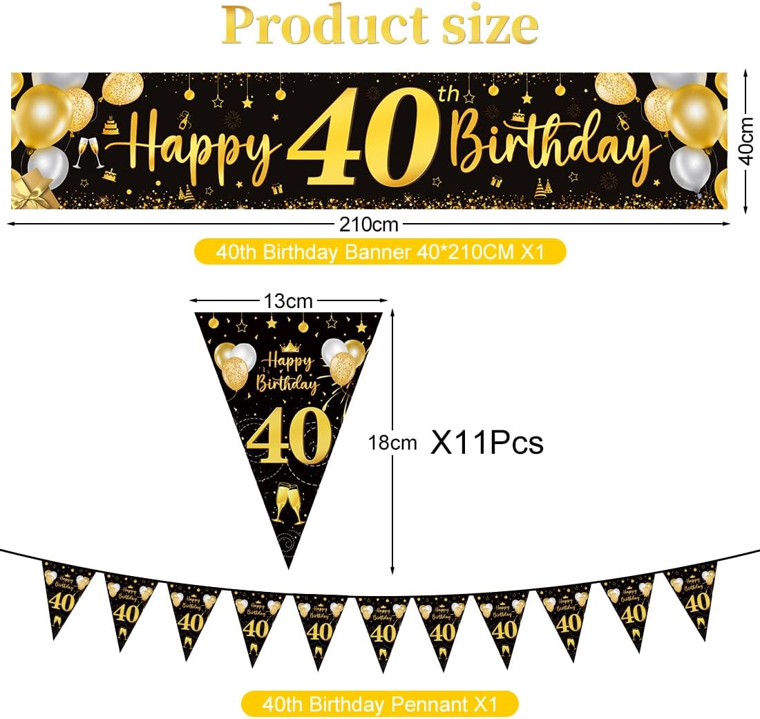 40. Geburtstag Deko - Happy Birthday Banner mit Luftballons in Schwarz Gold