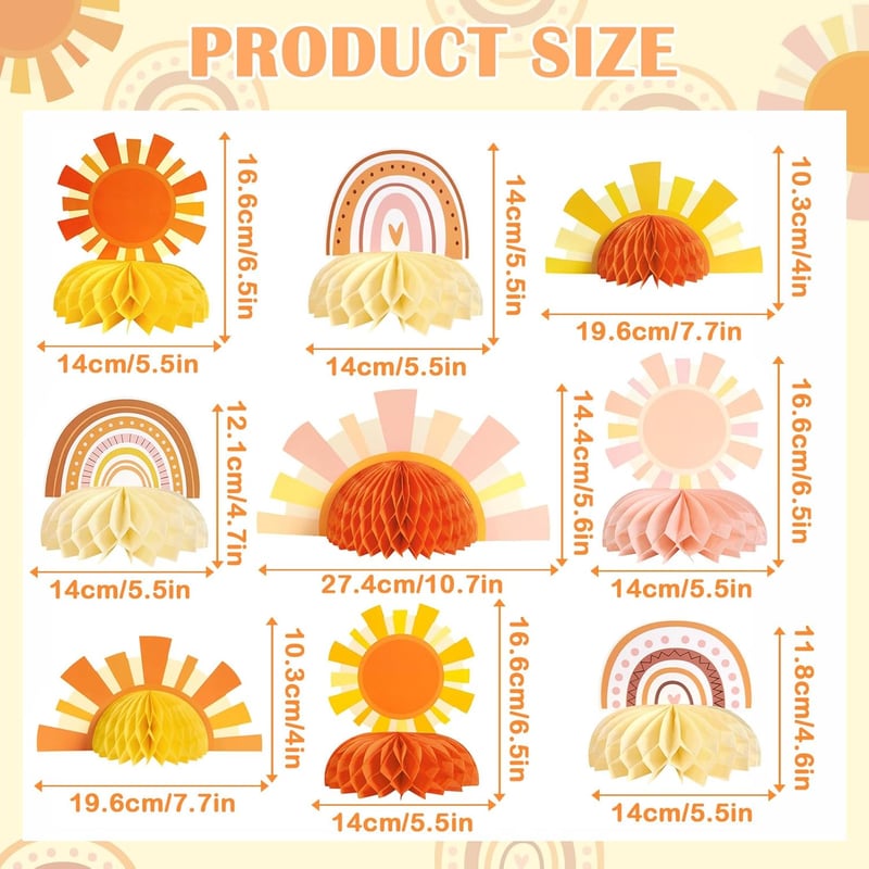 9 Stück Geburtstag Deko-Set mit Wabenbällen in Beige und Orange