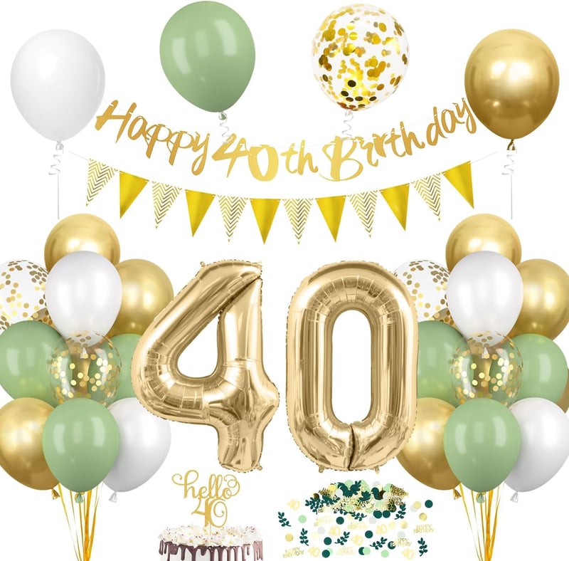 40. Geburtstag Deko-Sets in Salbeigrün und Gold für Männer und Frauen