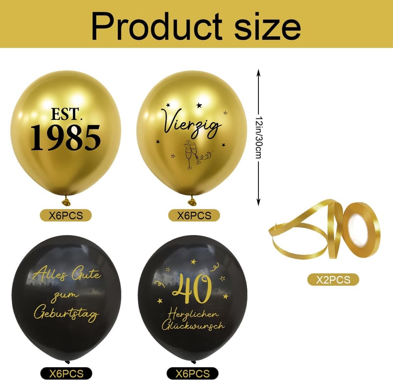 40. Geburtstag Luftballons Set in Schwarz und Gold – 24 Stück Deko für Männer und Frauen