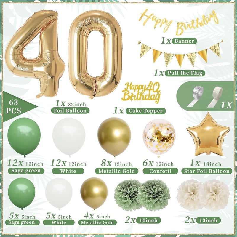 Avocado-Grüne & Goldene Dekoration für den 40. Geburtstag