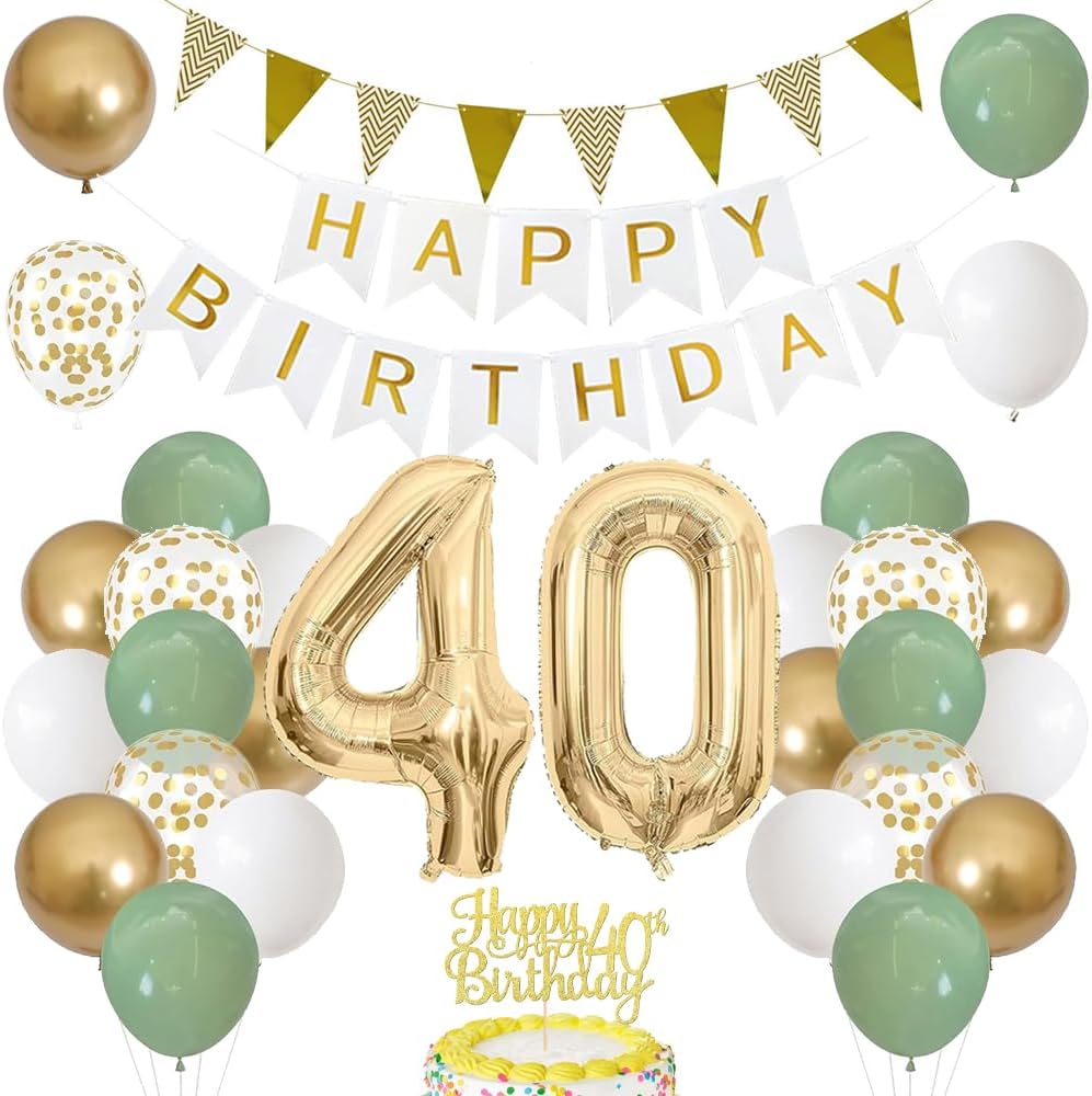 Salbeigrüne Luftballon Deko für den 40. Geburtstag mit Banner und Folienballon
