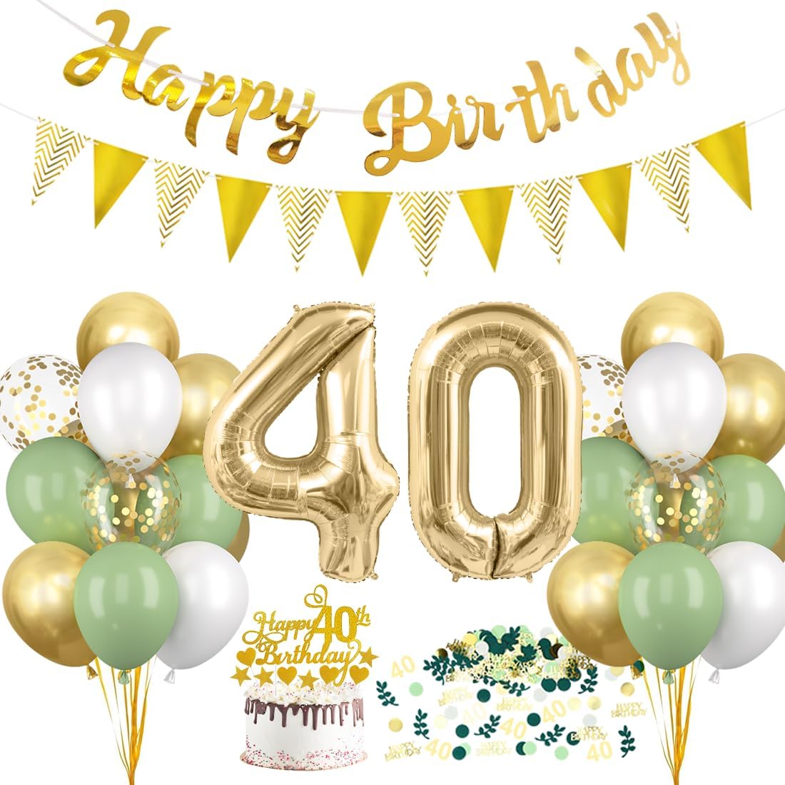 Salbeigrüne 40. Geburtstagsdeko mit Luftballons und Girlande