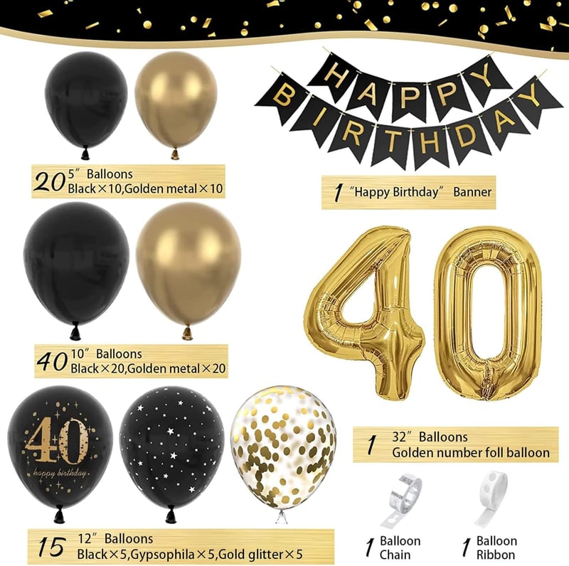 40. Geburtstag Deko - Girlande und Konfetti in Schwarz-Gold