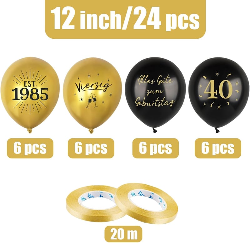 40. Geburtstag Dekorationset mit 24 Schwarz-Gold Luftballons für Männer und Frauen