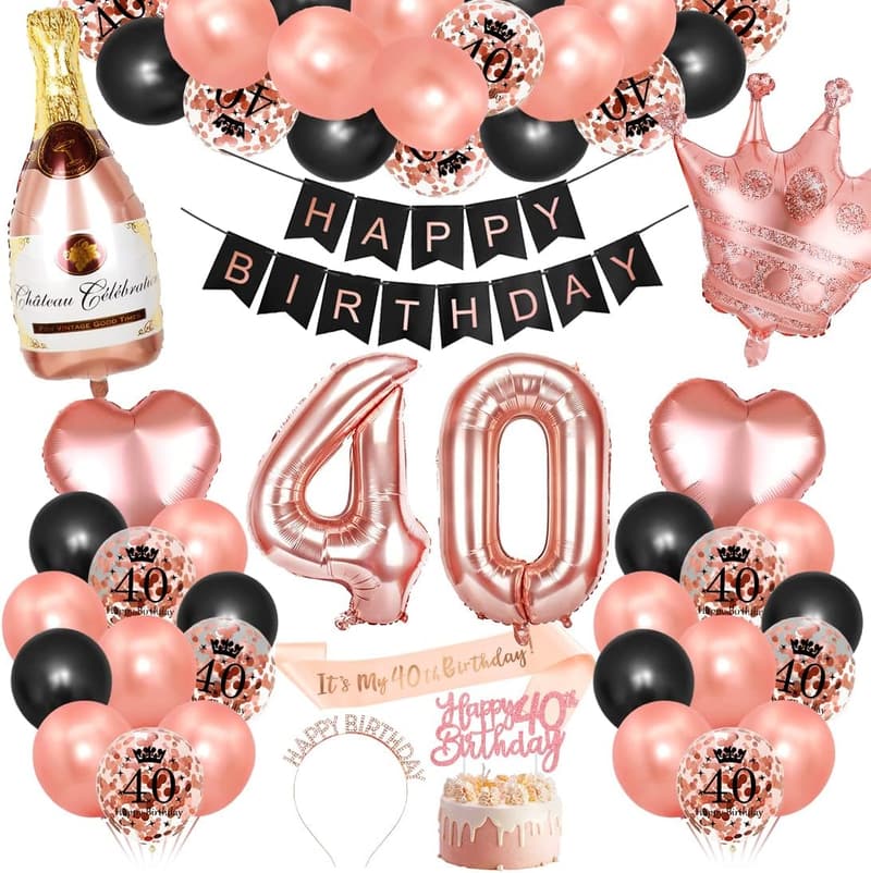 40. Geburtstag Dekorationen für Mädchen, roségold-schwarze Girlande und Ballons