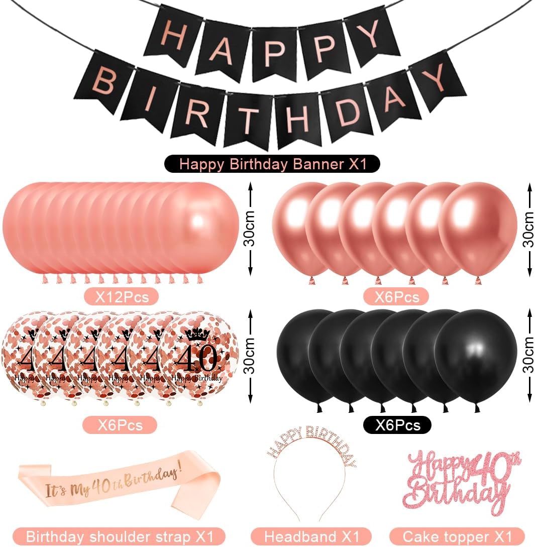 40. Geburtstag Dekorationen für Mädchen, roségold-schwarze Girlande und Ballons