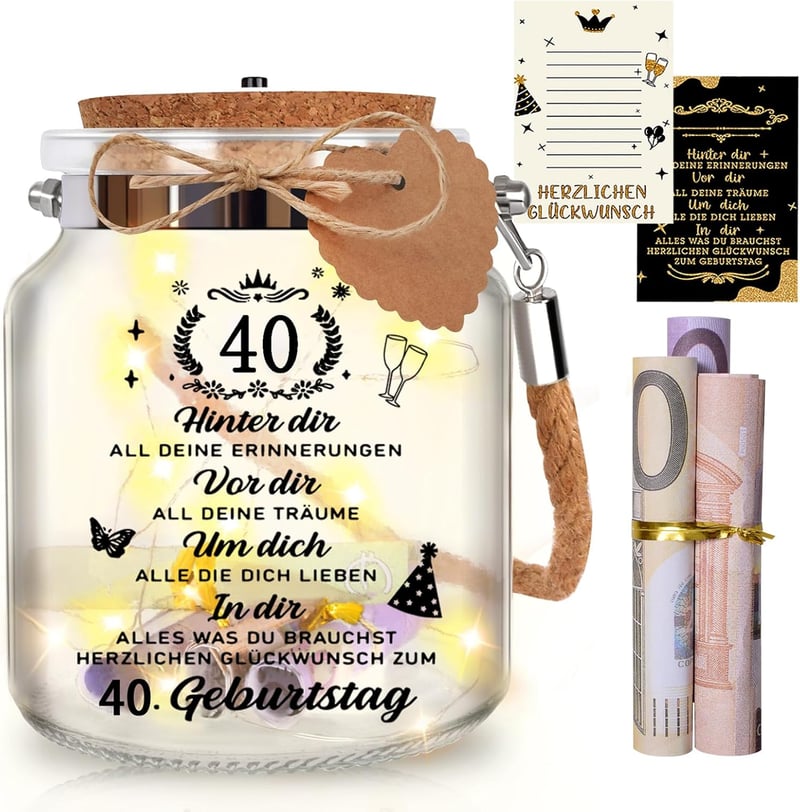 40. Geburtstag LED Flaschenlicht für Geldgeschenke – Tischdekoration für Frauen