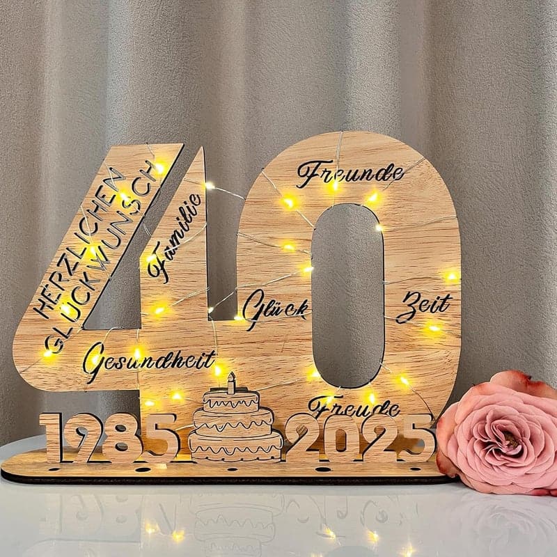 Holzschild Gästebuch zum 40. Geburtstag mit LED Lichtern