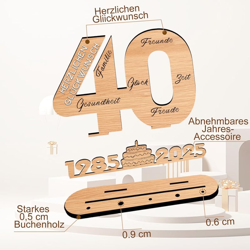 Holzschild Gästebuch zum 40. Geburtstag mit LED Lichtern