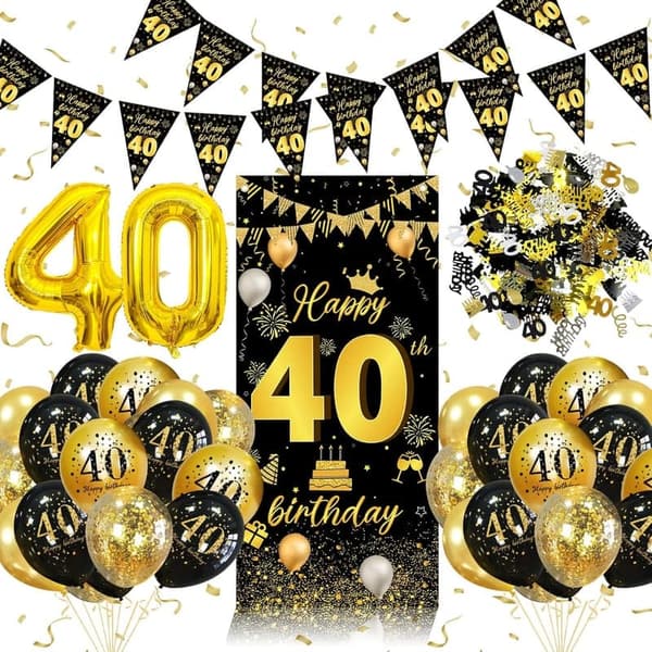 40. Geburtstag Dekoration - Schwarz-Gold Banner, Konfetti und Luftballons