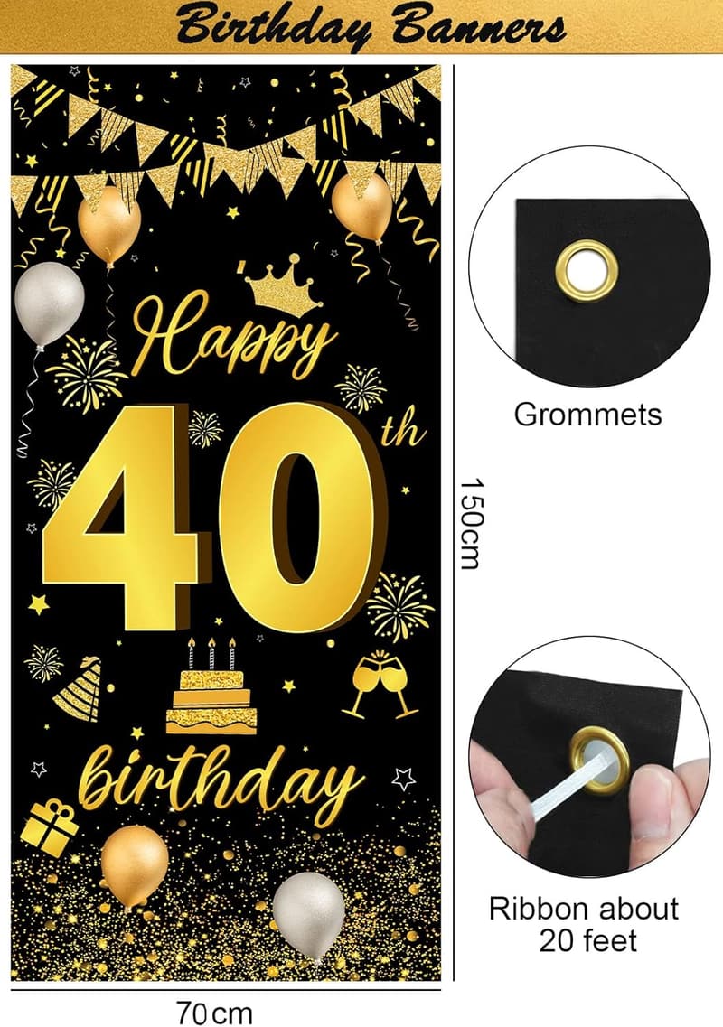 40. Geburtstag Dekoration - Schwarz-Gold Banner, Konfetti und Luftballons