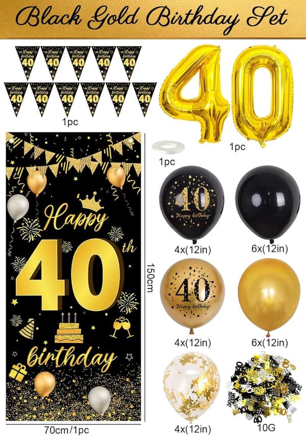 40. Geburtstag Dekoration - Schwarz-Gold Banner, Konfetti und Luftballons
