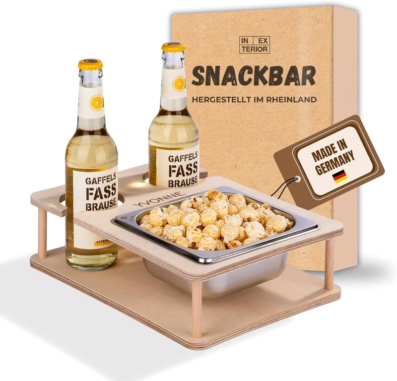 Personalisierbarer Couchbutler mit Snackschalen und Flaschenhalter