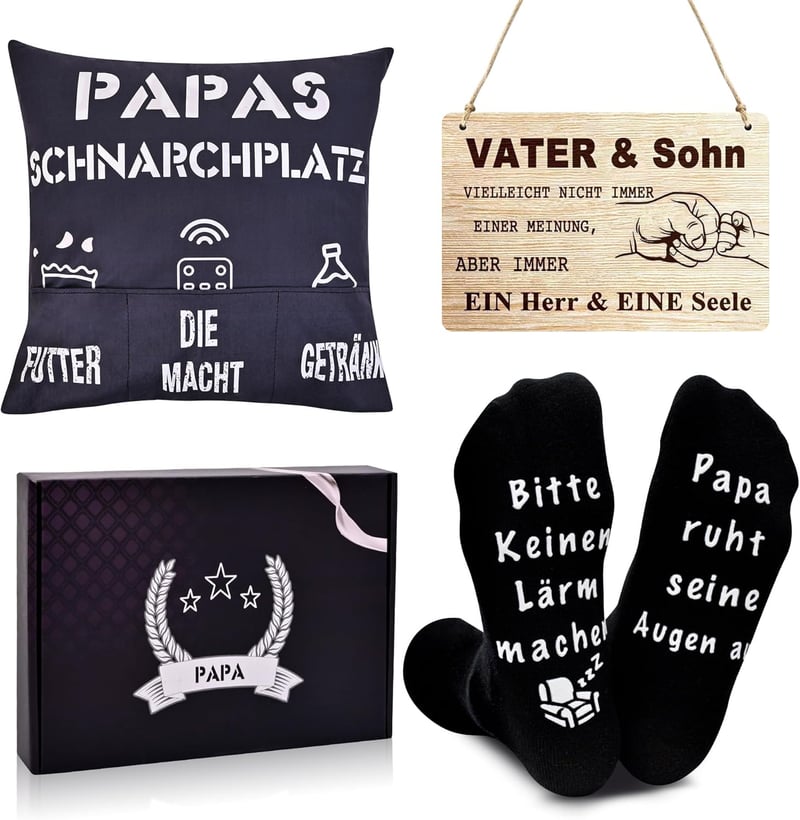 Geburtstagsgeschenk für Papa - 3-teiliges Set (Kissenbezug, Socken, Holzschild)
