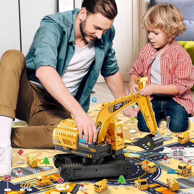TEMI Bagger Spielzeug für Kinder ab 3 Jahren - Baustellenfahrzeug mit Rennbahn