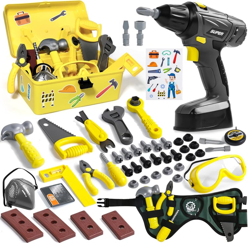 Montessori Werkzeugkoffer für Kinder ab 3 Jahren – 50-teiliges Set mit Bohrmaschine