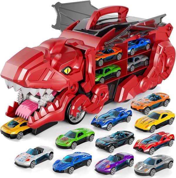 Dinosaurier-Transporter mit 10 Spielzeugautos für Jungen ab 3 Jahren