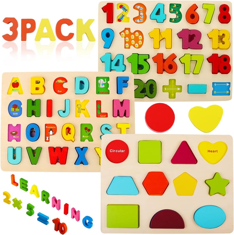 Montessori Holzpuzzle für Kleinkinder – Buchstaben & Zahlen (3er-Set)