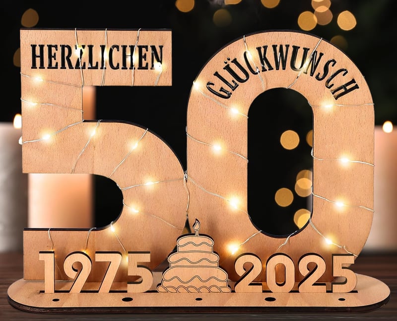 50. Geburtstag Geschenk für Frauen und Männer - Personalisierbares Holz-Schild mit LED Lichterkette