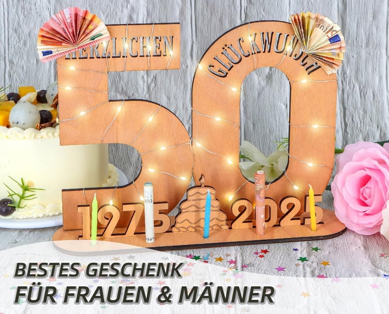 50. Geburtstag Geschenk für Frauen und Männer - Personalisierbares Holz-Schild mit LED Lichterkette