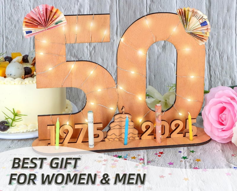 Personalisierbares 50. Geburtstagsgeschenk für Männer und Frauen - Holzschild mit LED-Lichtern und Gästebuch