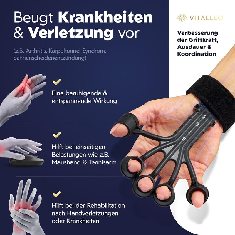 VITALLEO Handtrainer Set - 8 Widerstandsstufen für Griffkraft und Rehabilitation
