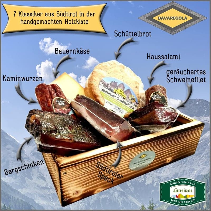Geschenkekiste mit 7 Südtiroler Spezialitäten für Genießer