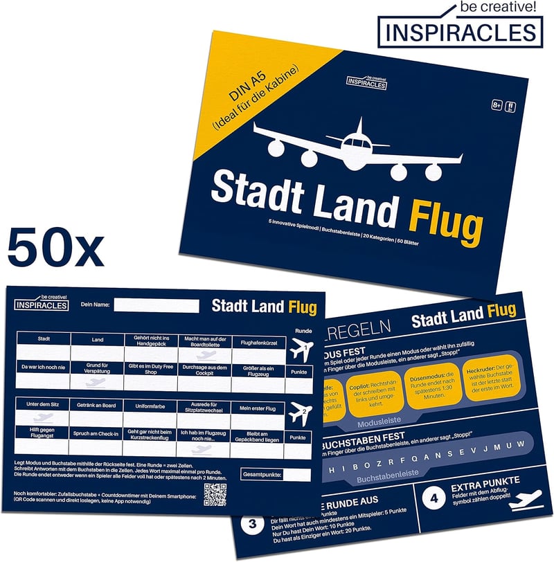 Stadt Land Flug Reisespiel für Vielflieger im DIN A5 Format