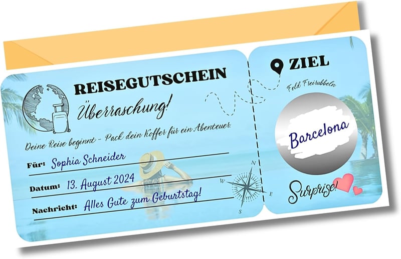 Reise-Gutschein mit Rubbelaufkleber für Paare und Familie