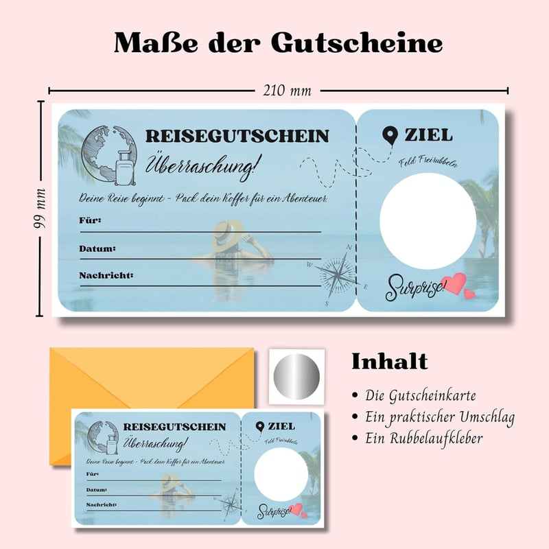 Reise-Gutschein mit Rubbelaufkleber für Paare und Familie
