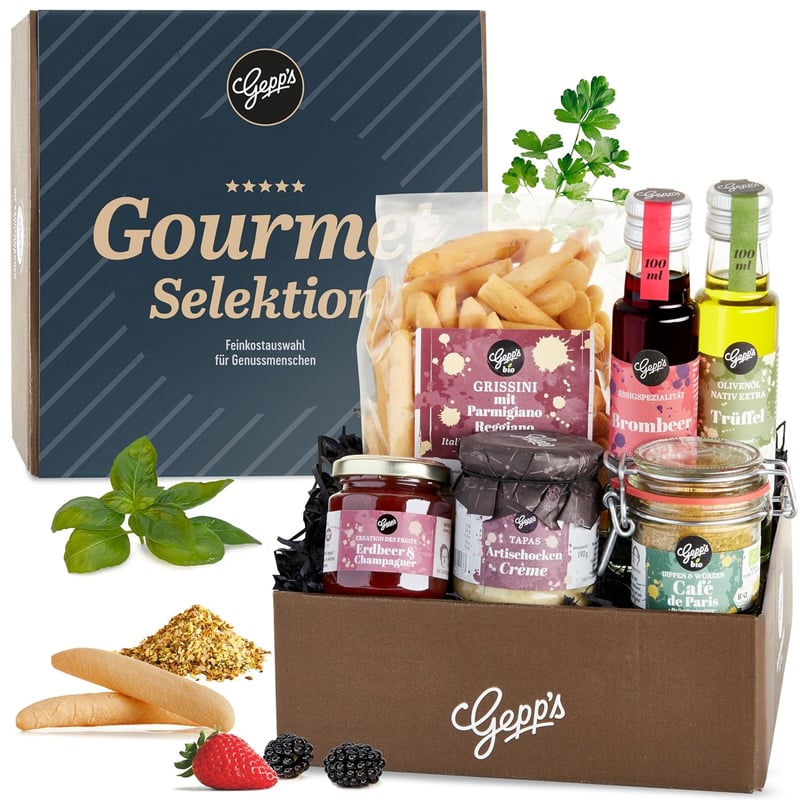 Gourmet-Geschenkkorb mit Trüffelöl und Erdbeer-Champagner Aufstrich