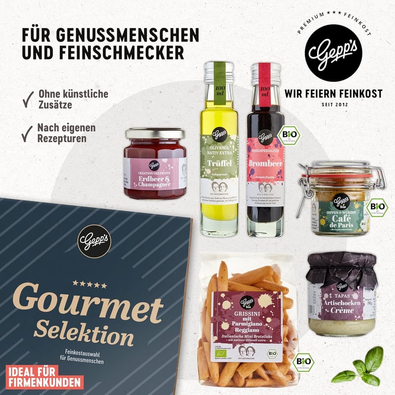 Gourmet Geschenkkorb mit Trüffelöl und Erdbeer-Champagner Aufstrich