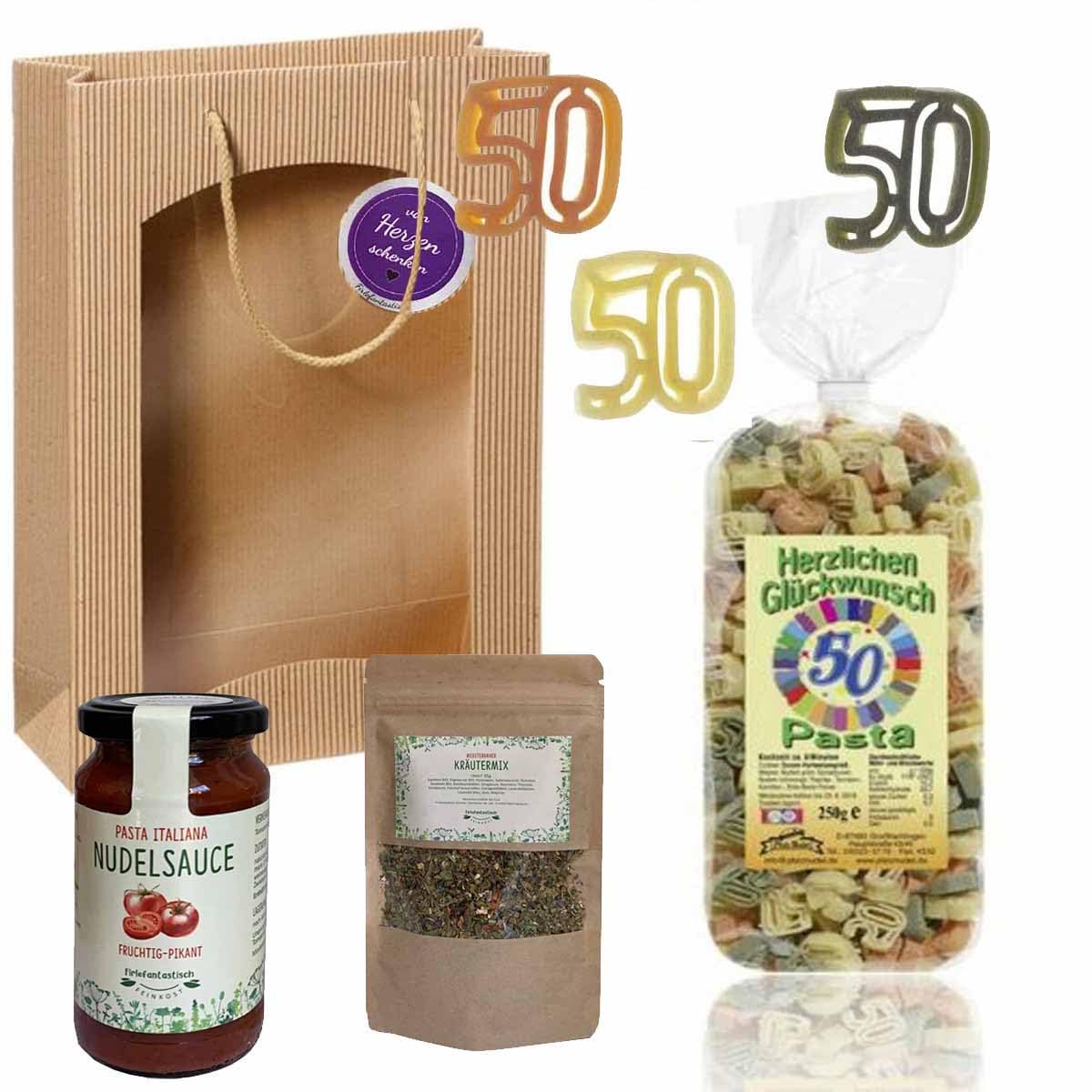 Feinkost-Set zum 50. Geburtstag mit Nudeln, Sauce und Gewürzen