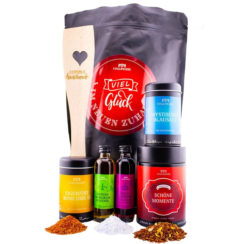 Viel Glück im neuen Zuhause Geschenketset mit Olivenöl, Essig & Tee