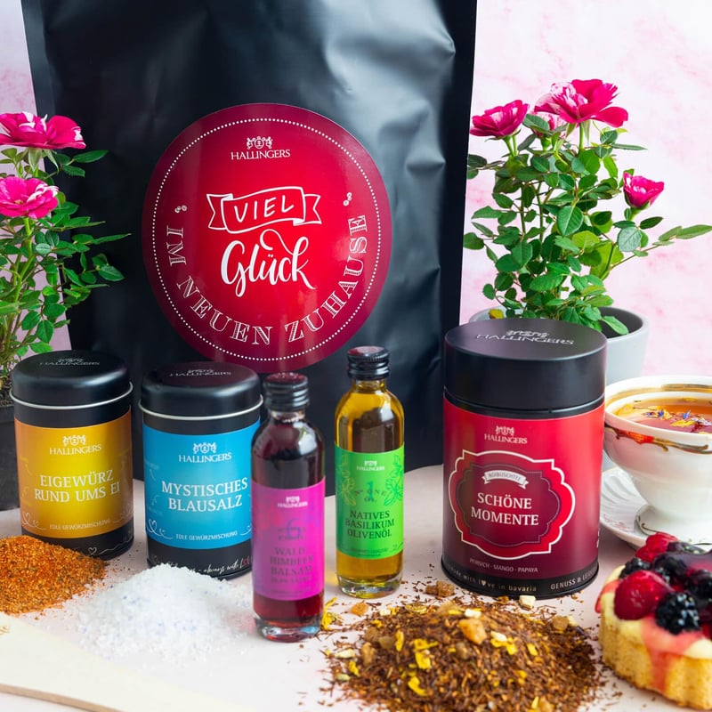 Viel Glück im neuen Zuhause Geschenketset mit Olivenöl, Essig & Tee