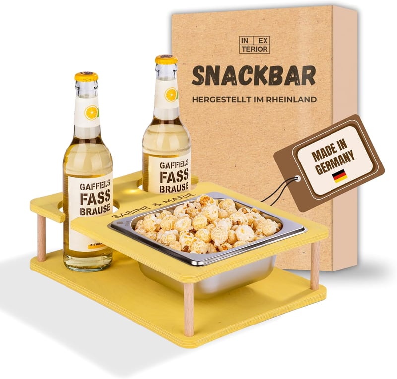 Personalisierbarer Couchbutler mit Snackschalen und Flaschenhalter (Gelb)