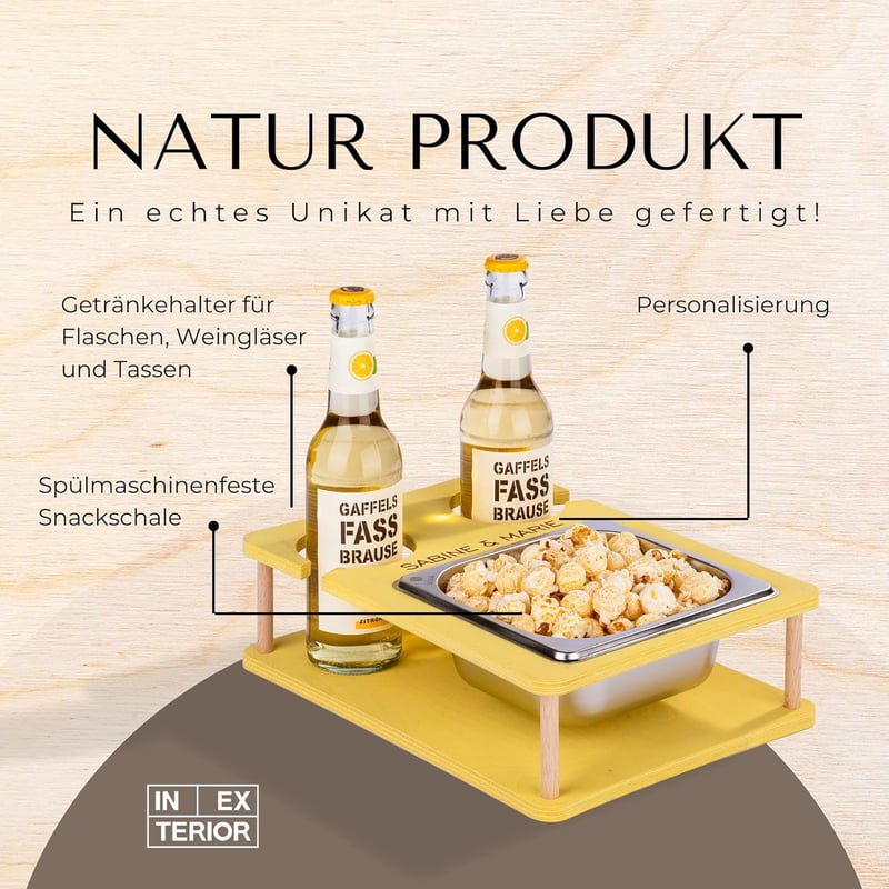 Personalisierbarer Couchbutler mit Snackschalen und Flaschenhalter (Gelb)