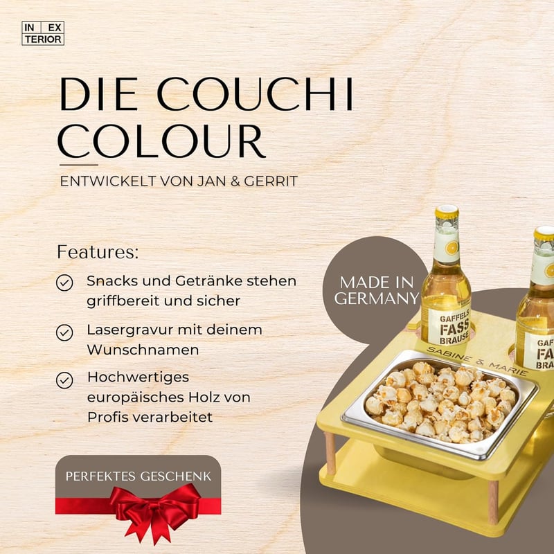 Personalisierbarer Couchbutler mit Snackschalen und Flaschenhalter (Gelb)