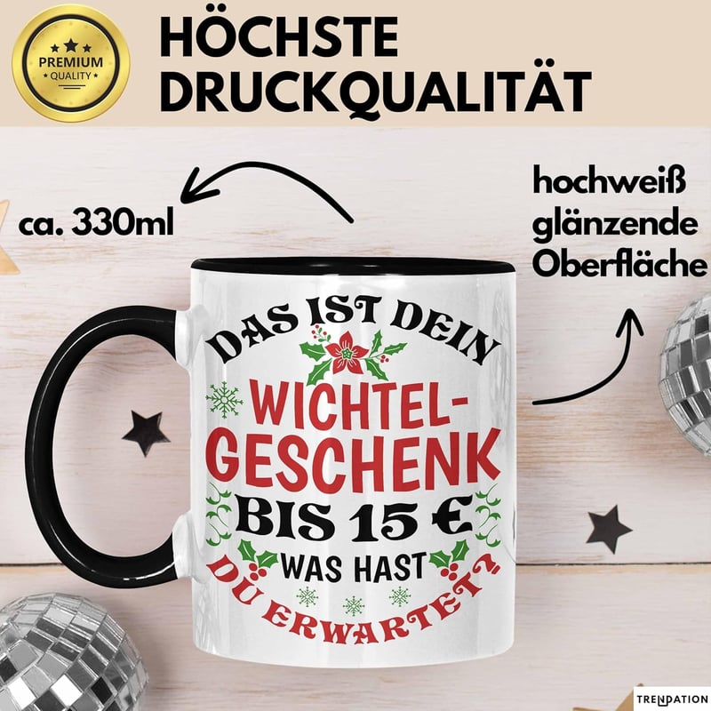 Wichtelgeschenk Tasse für Frauen und Kollegen bis 15 € (Schwarz)