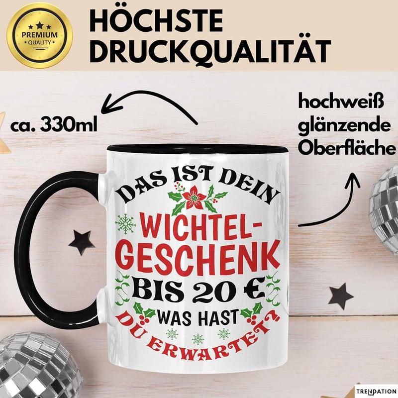 Wichtelgeschenk: Schwarze Tasse bis 20€ für Frauen und Kollegen